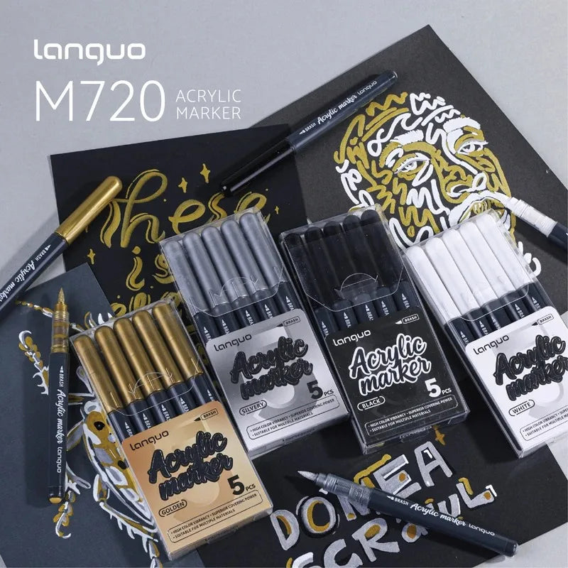 Languo Colors Acrylic Paint Art Marker Pen Set Black/White/Gold/Silver DIY Graffiti Drawing Pens for Writing Painting Stationery