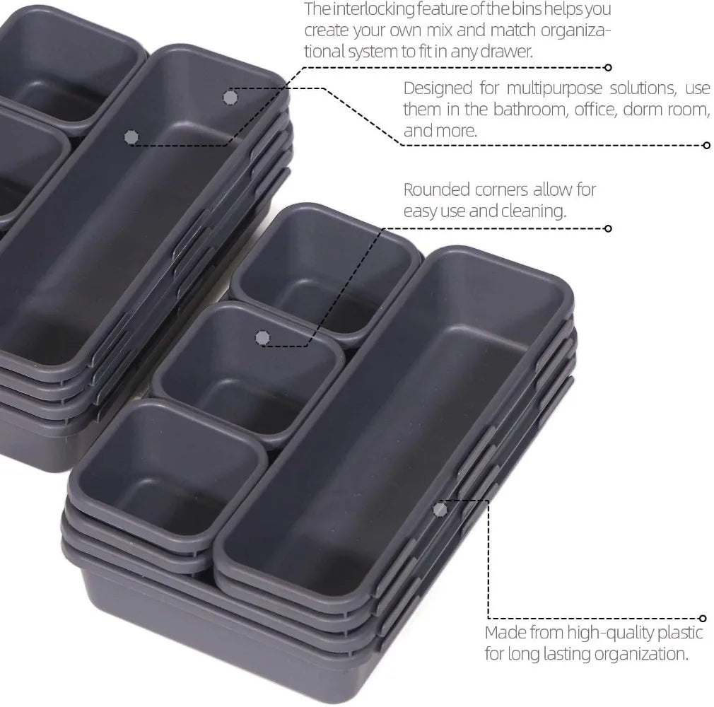 32PCS Desk Drawer Organizers 3 Size Plastic Interlocking Shallow Tool Organizer Tray Dividers Separators Storage Bins Container