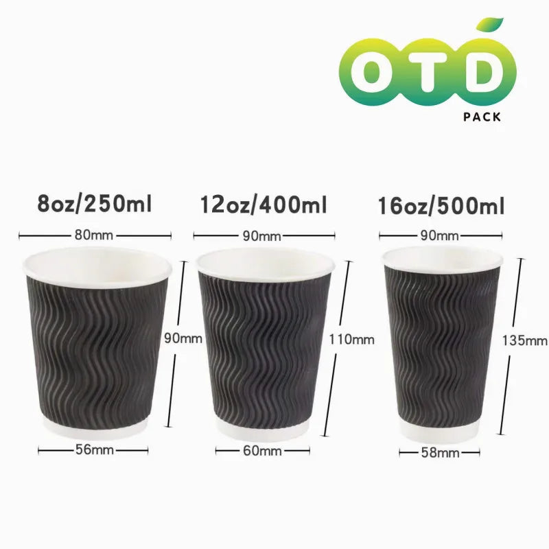 Black Rippled Double Wall Paper Cups, Disposable Coffee Cups, Paper Cups for Christmas Party and Daily [With Lids]