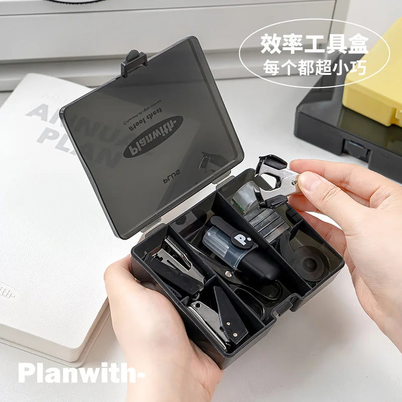 Kawaii 4/8pc Portable Stationery Multi Functional Tool Box Efficiency Set Puncher Stapler Adhesive Tape Mini School Supplies