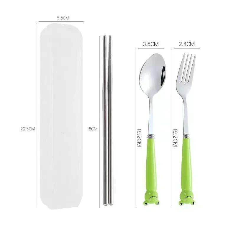 Cute Cartoon Travel Tableware with Case Portable Utensils Cutlery Set Reusable Flatware Silverware Include Fork Spoon with Case