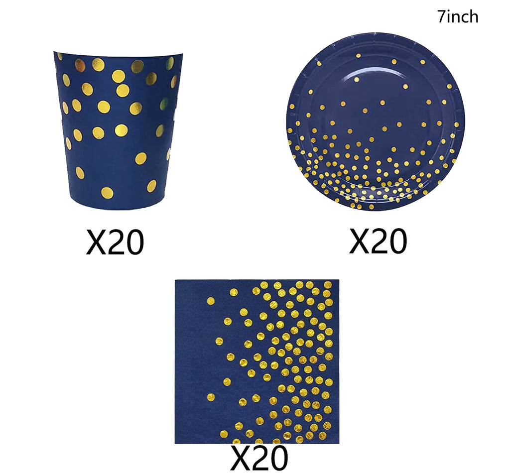 Navy Blue Gold Party Decorations Blue and Gold Disposable Tableware Set Paper Plates Cups Napkin Tablecloth Wedding Anniversary