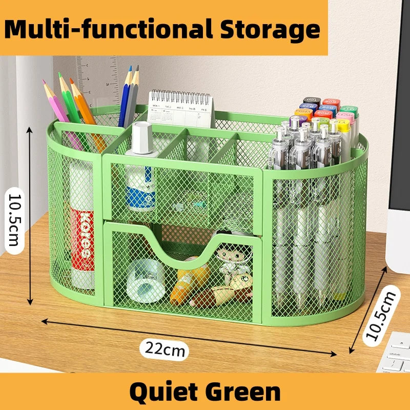 7 Compartment Metal Mesh Desktop Organizer with Drawer Pen Pencil Holder Stationery Storage for Home Office School Students Dorm