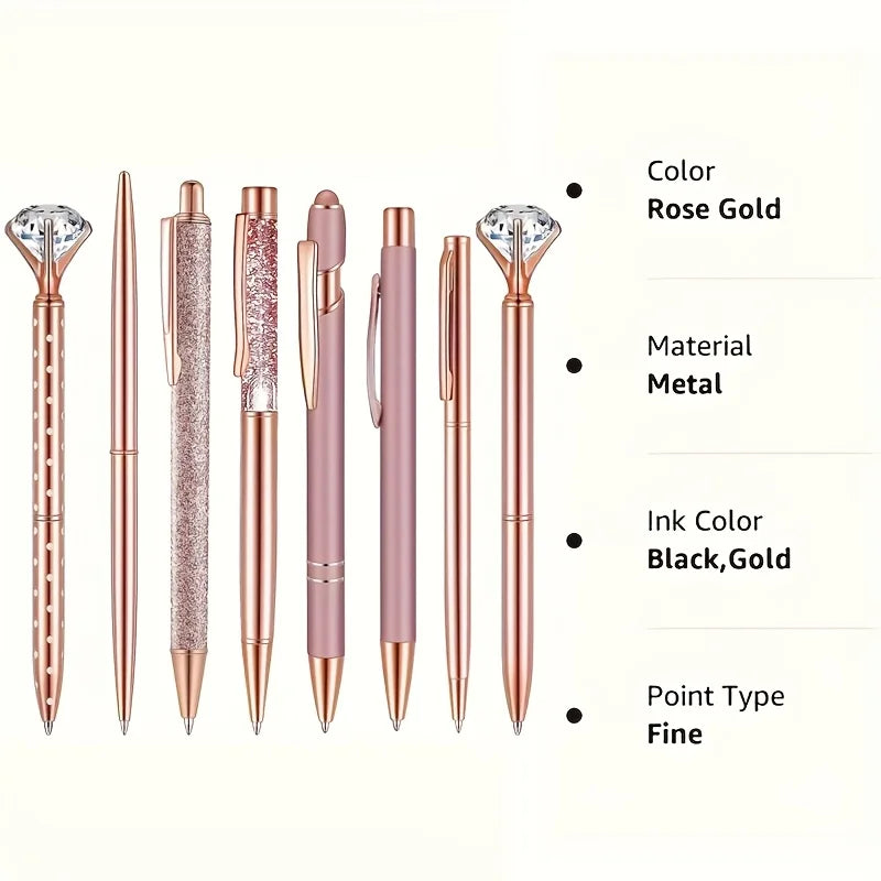 3-9pcs Rose Golden Metal Ballpoint Pen Set, Pearl Quicksand Crown, Love Artificial Diamond,School&Office Supply Gifts,Weddings