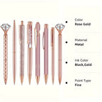 3-9pcs Rose Golden Metal Ballpoint Pen Set, Pearl Quicksand Crown, Love Artificial Diamond,School&Office Supply Gifts,Weddings