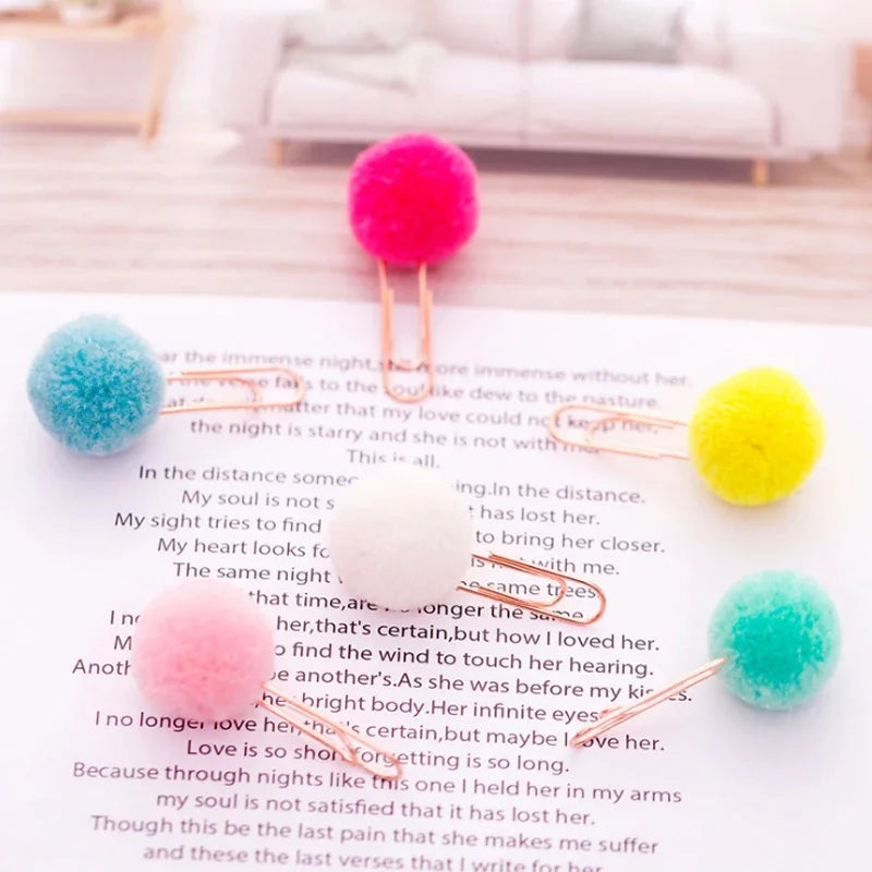 12Pcs/lot Kawaii Small Fresh Colored Hair Ball Paper Clip Decorative Candy Color Creative Bookmark Paper Clip