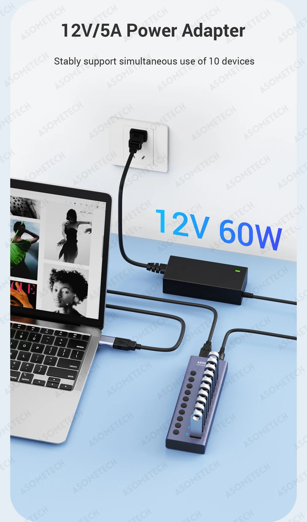 4/7/10 Ports USB 3.0 Hub Multiple Splitter 12V Power Adapter with On/off Switch USB Splitter High Speed Hub for MacBook Laptop