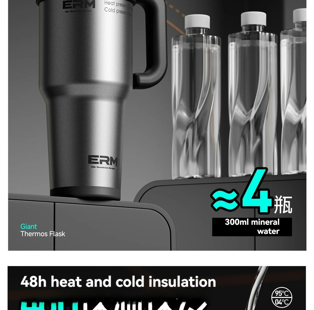 1200ML Extra Large Ceramic Tumbler Drinkware Stainless Steel Water Bottle Insulated Vacuum Flask Straw & Handle Leakproof