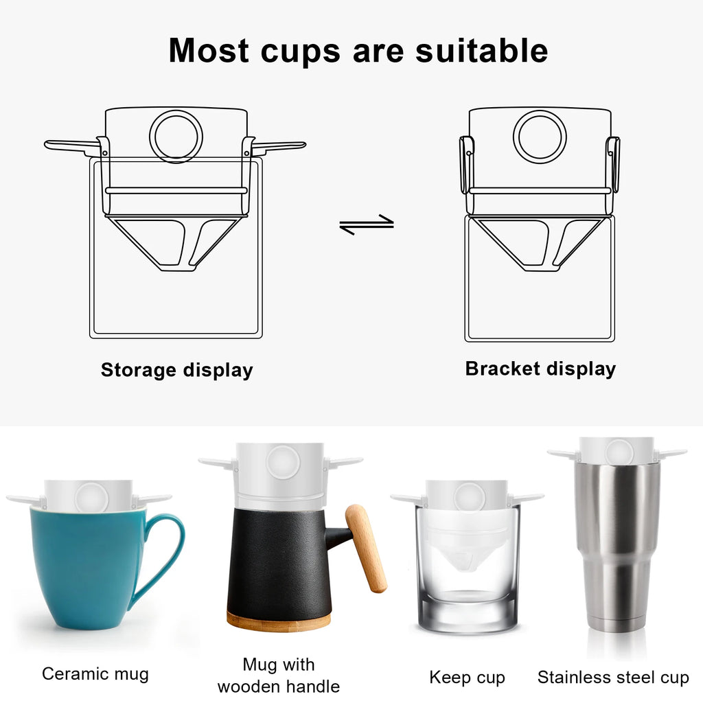 Folding Hand Brewed Coffee Filter Coffee Dripper Cone for Drip Coffee and Tea with Stainless Steel Holder No Filter Paper