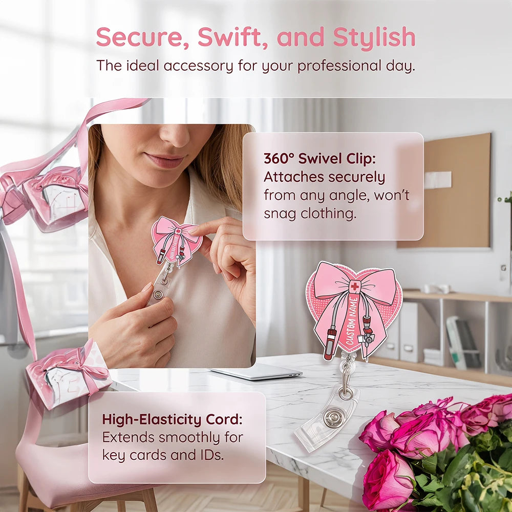 1pc Custom Name Pink Heart & Bow Badge Reel, Phlebotomist Nurse Personalized Gift, Everyday Work ID Holders, Nurse's Day