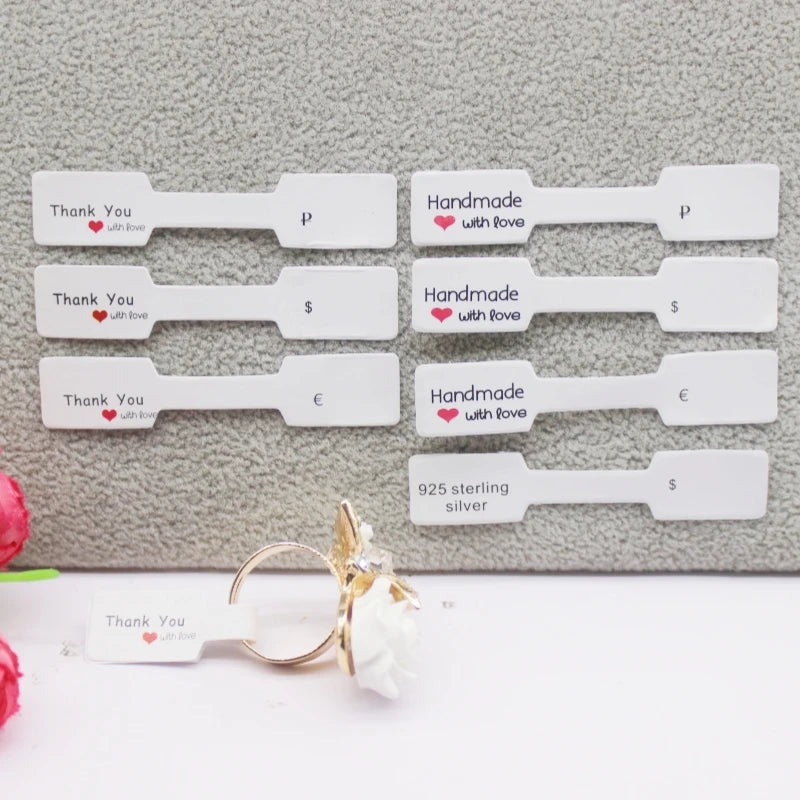 100PCS Multi Style Ring Folded Labels White/Kraft Handmade with Love Ring Price Labels Jewelry Tag Sticker Labels 6*1.2cm
