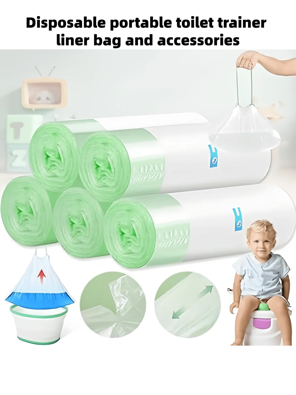 Portable toilet trainer disposable inner bag and accessories, durable multi-functional trash bag with drawstring