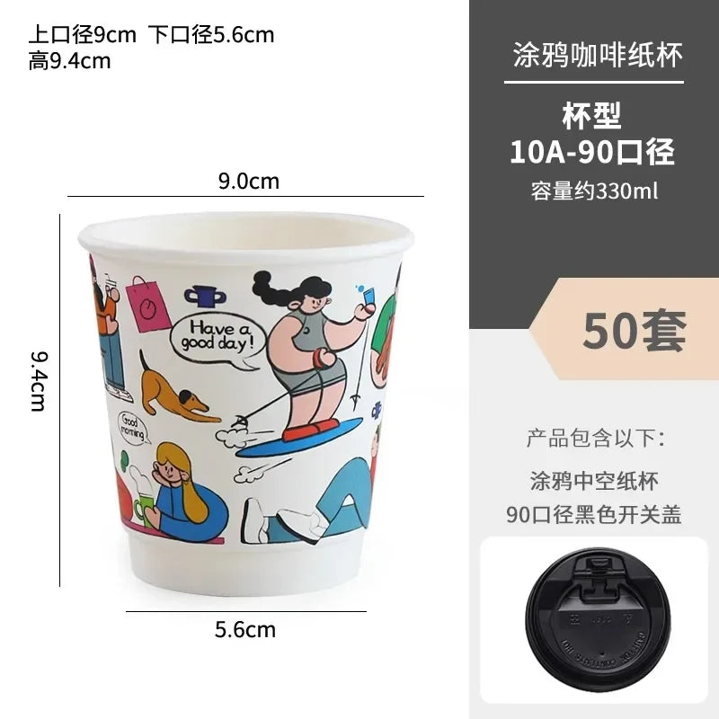50pcs Cartoon Graffiti Coffee Cups 90 Caliber Disposable Fresh Milk Juice Paper Cup Milk Tea Hot Drink Takeaway Packaging Cup