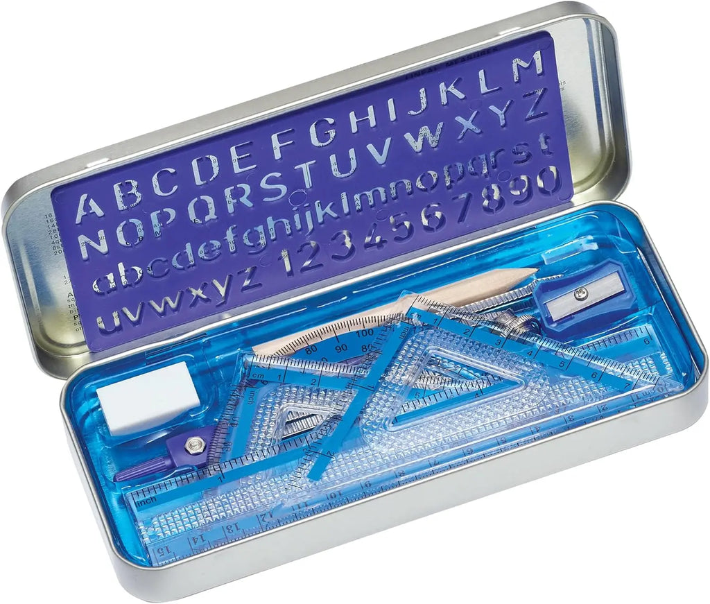 STAEDTLER 10-Piece Math Set with Metal Compass, 6" Ruler & Triangle Squares, 45° & 30/60° Set Squares, Alphabet Stencil Tool
