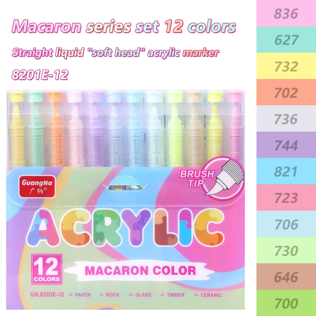 GuangNa 12-72 Colors Soft Brush Acrylic Marker Pen Set,Skin Tone, Macaron color,DIY Hand Drawn,Paint Art Markers pens,GN.8201F/M