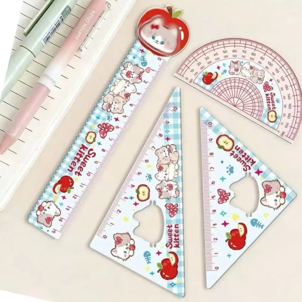4pcs New Acrylic Ruler Set Red Kitten/Green Puppy Measurement Drawing Stationery Straight Ruler Set Square School Office