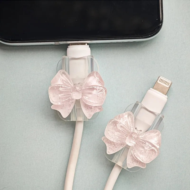 2Pcs Lovely Pink Bow Silicone Charger Cable Protector Sleeve Cable Holder Clip Anti-break Transparent Cord Cover Wrap