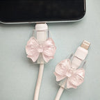 2Pcs Lovely Pink Bow Silicone Charger Cable Protector Sleeve Cable Holder Clip Anti-break Transparent Cord Cover Wrap