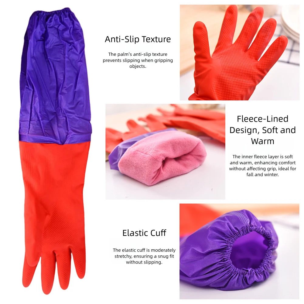 Fleece Lined Latex Dishwashing Gloves Thermal Extra Long Latex Cleaning Gloves Warm Winter Dishwashing Laundry Aid