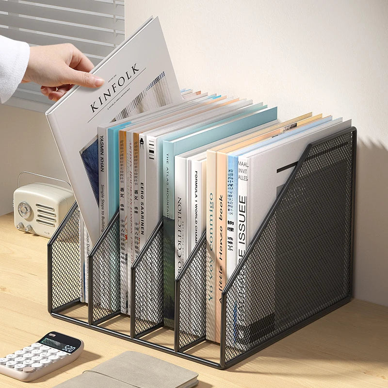 3 or 4 Slot Desktop File Organizer Metal Mesh Magazine Book Document Holder Black White for Office School Home Students Teachers