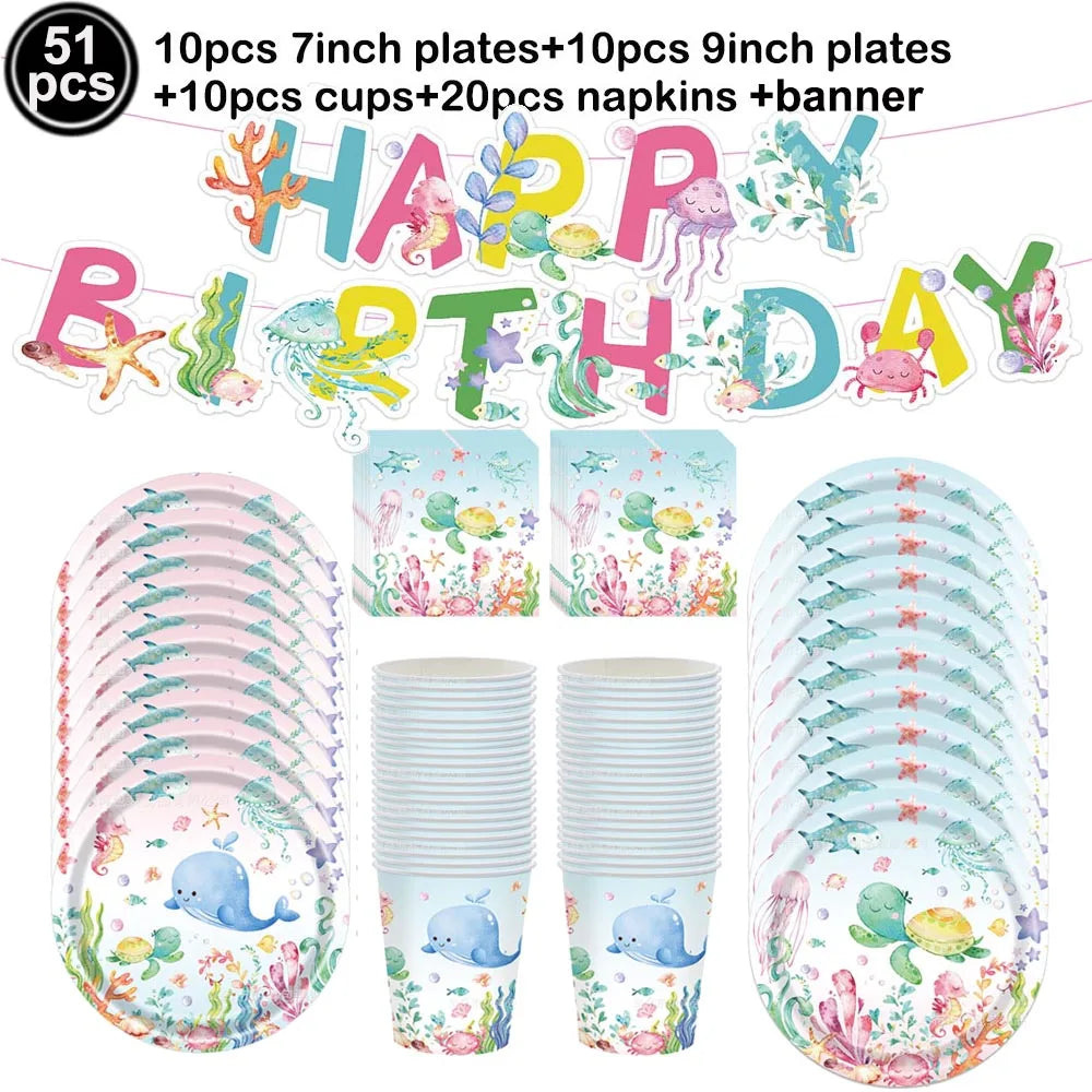 Sea Animal Theme Disposable Tableware Under The Sea Baby Shower Party Plates Napkins Cups Ocean Animals Birthday Party Supplies