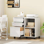 3 Drawer File Cabinet with Open Shelves, Rolling Lateral Filing Cabinet for Letter/A4, Mobile Wood Printer Stand on Wheels, Home Office Storage Organizer