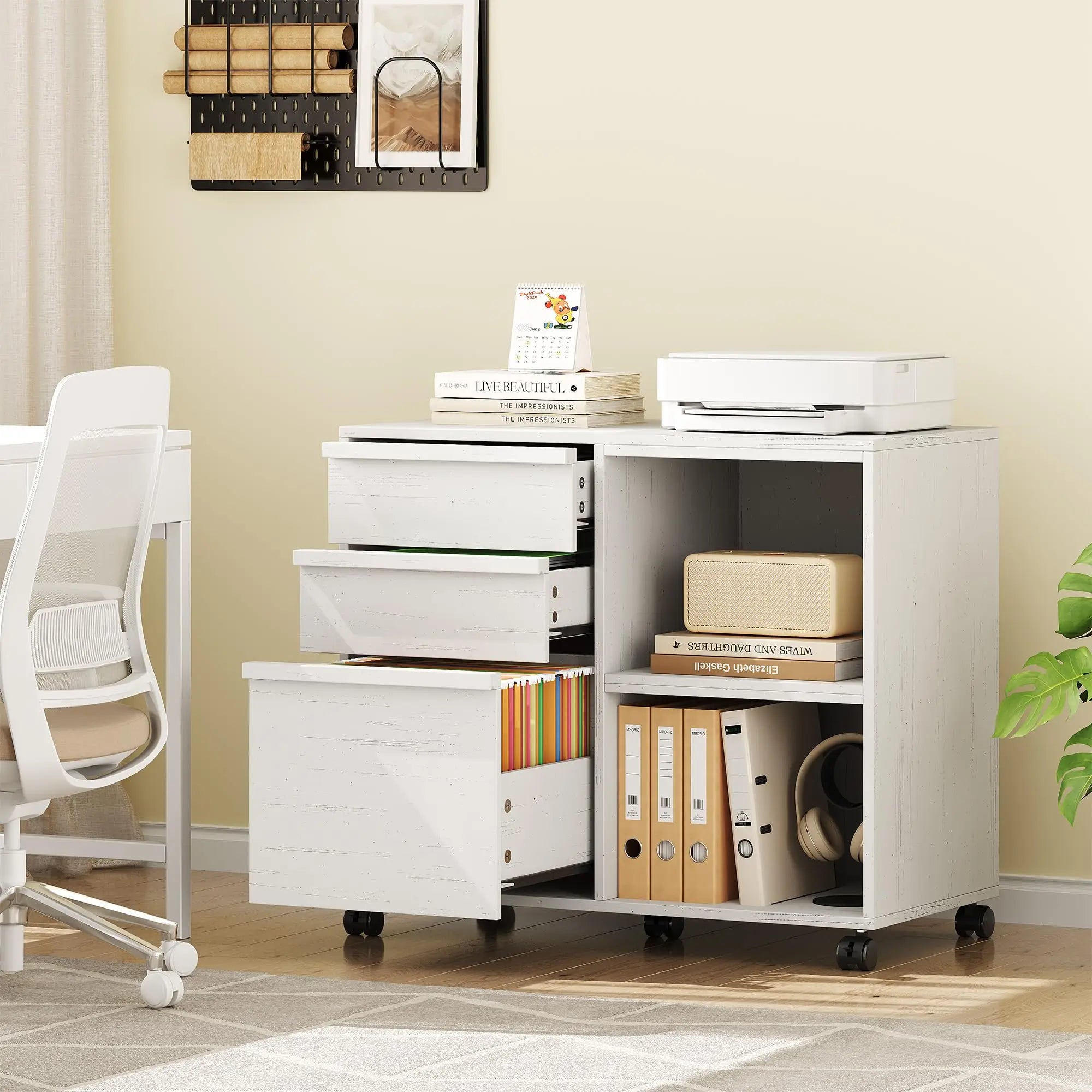 3 Drawer File Cabinet with Open Shelves, Rolling Lateral Filing Cabinet for Letter/A4, Mobile Wood Printer Stand on Wheels, Home Office Storage Organizer