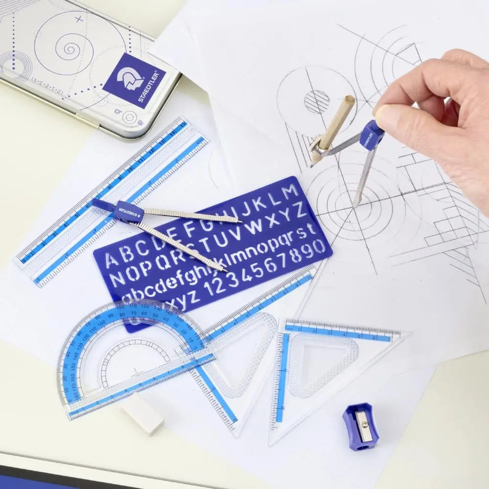 STAEDTLER 10-Piece Math Set with Metal Compass, 6" Ruler & Triangle Squares, 45° & 30/60° Set Squares, Alphabet Stencil Tool
