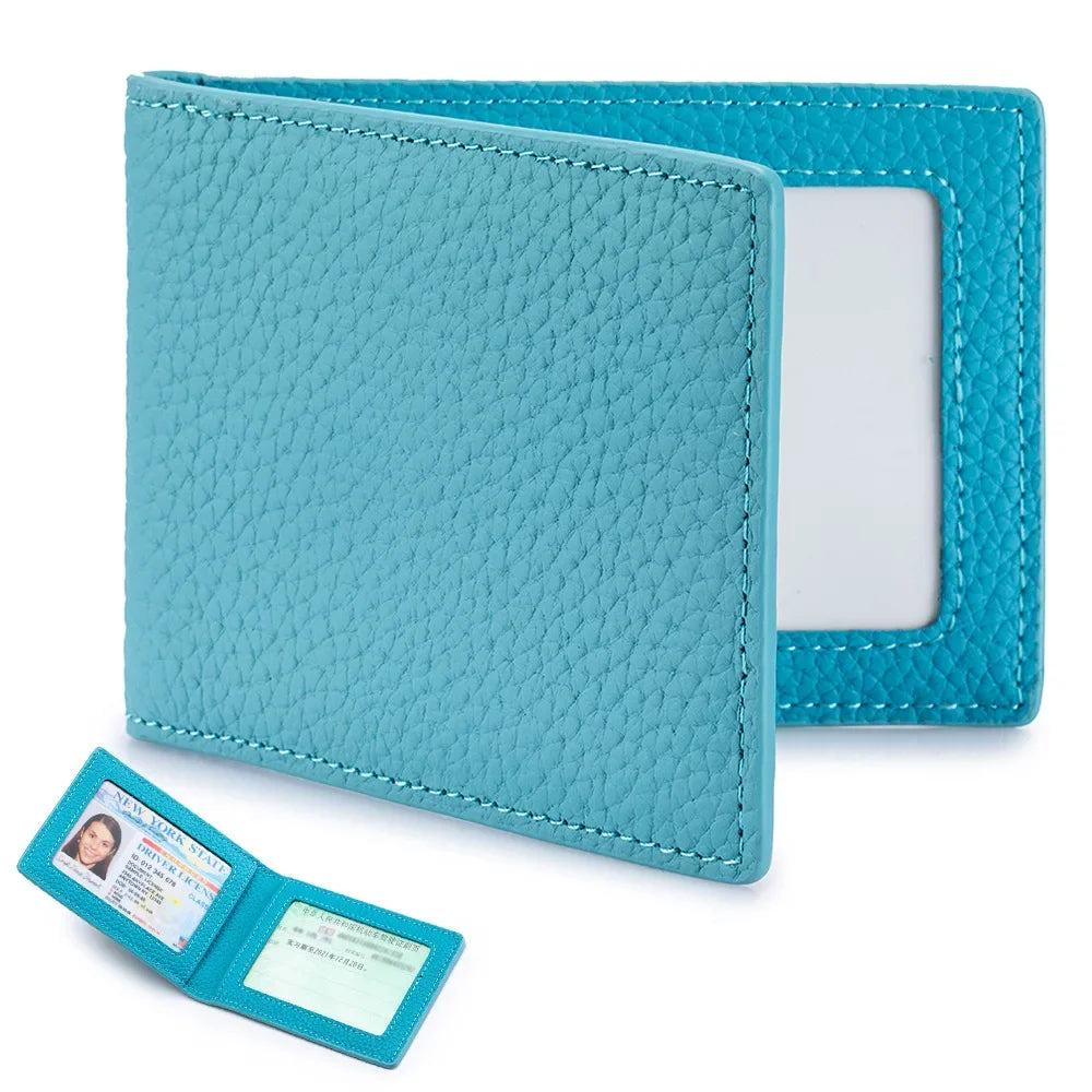 Thin Minimalist Bifold Design Driver's Licence Cover Genuine Leather ID Badge Window Slot Credit and Debit Vaccinum Cards Holder