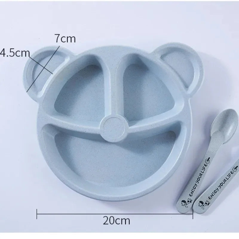 3Pcs/set Wheat Straw Baby Dishes Cartoon Tableware Set Kids Dinner Platos Baby Feeding Plate Training Bowl Spoon Fork Tableware