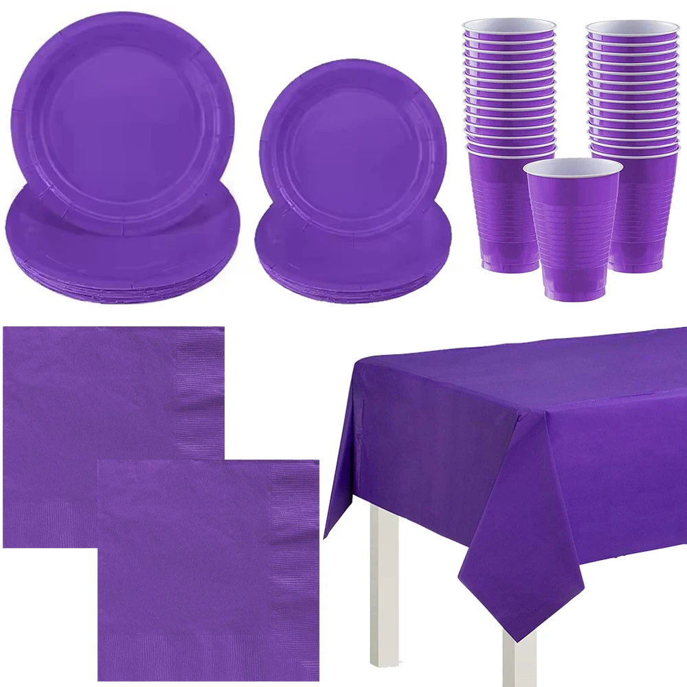 Solid Purple Color Party Decorations Disposable Paper,Cups,Plates,Spoons,Kids Birthday Supplies Baby Shower Decorations