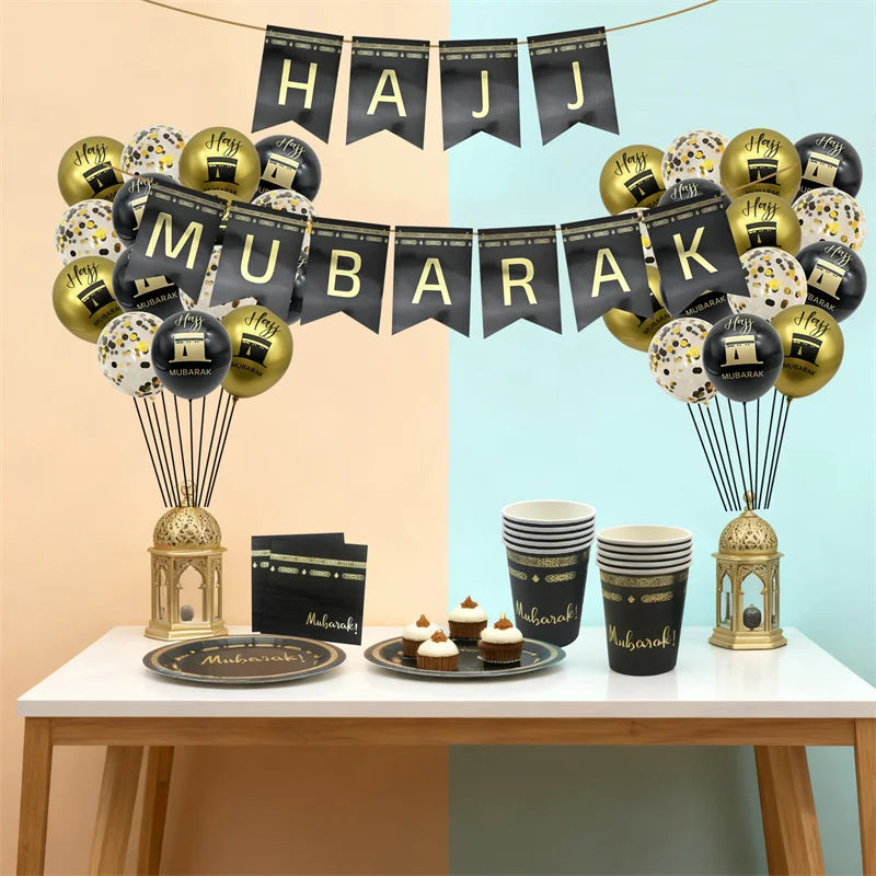 Black Gold Hajj Mubarak Disposable Paper Plates Cups Napkins Banner Balloons Home 2026 Eid Mubarak Islamic Muslim Party Supplies