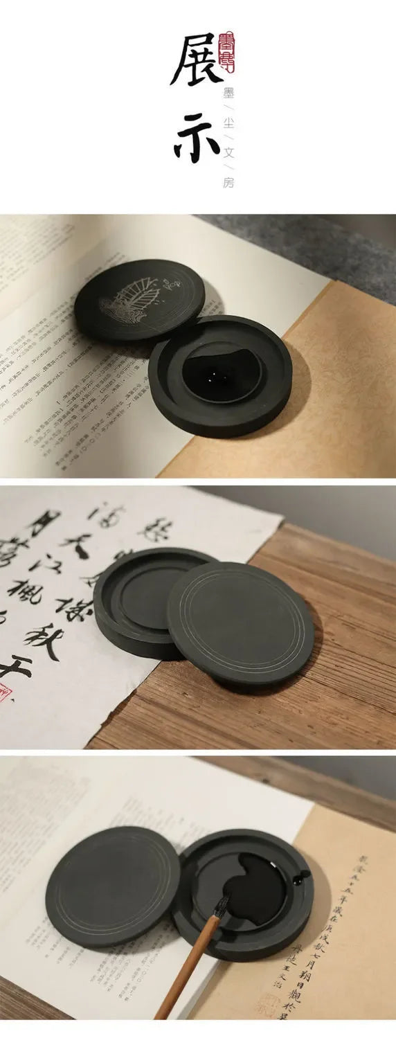 Natural Original Stone Inkstone Table with Cover End Ink Pond Plate Strip Grinding Student Beginners