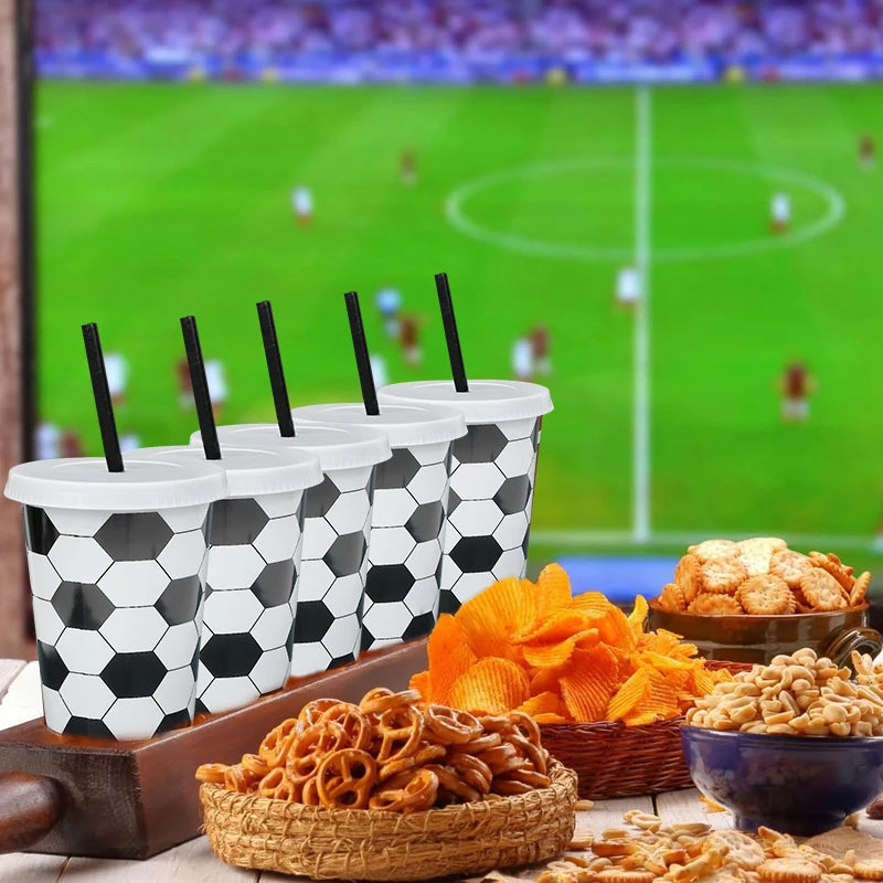 6/12pcs Reusable Plastic Soccer Cups with Lid Straws Kids Football Party Favors Sports Themed Birthday Decoration Supplies Gifts