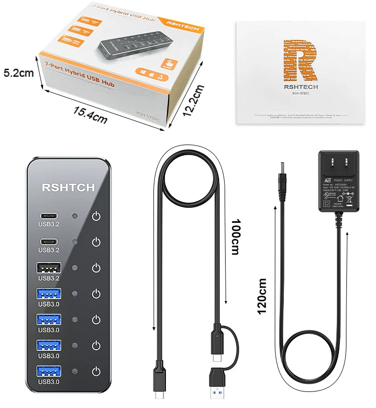 RSHTECH 7-Port Powered USB C Hub with 10Gbps USB-C 3.2 Ports Individual Touch Switches 5V/3A Power Adapter Laptop USB Splitter