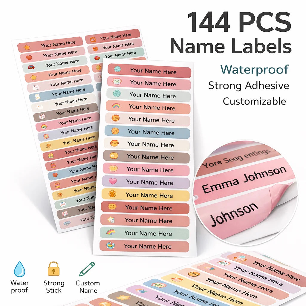144PCS Personalized Name Stickers Long Strip Pencil Labels Custom Waterproof Self Adhesive Name Labels for Bottles Notebooks