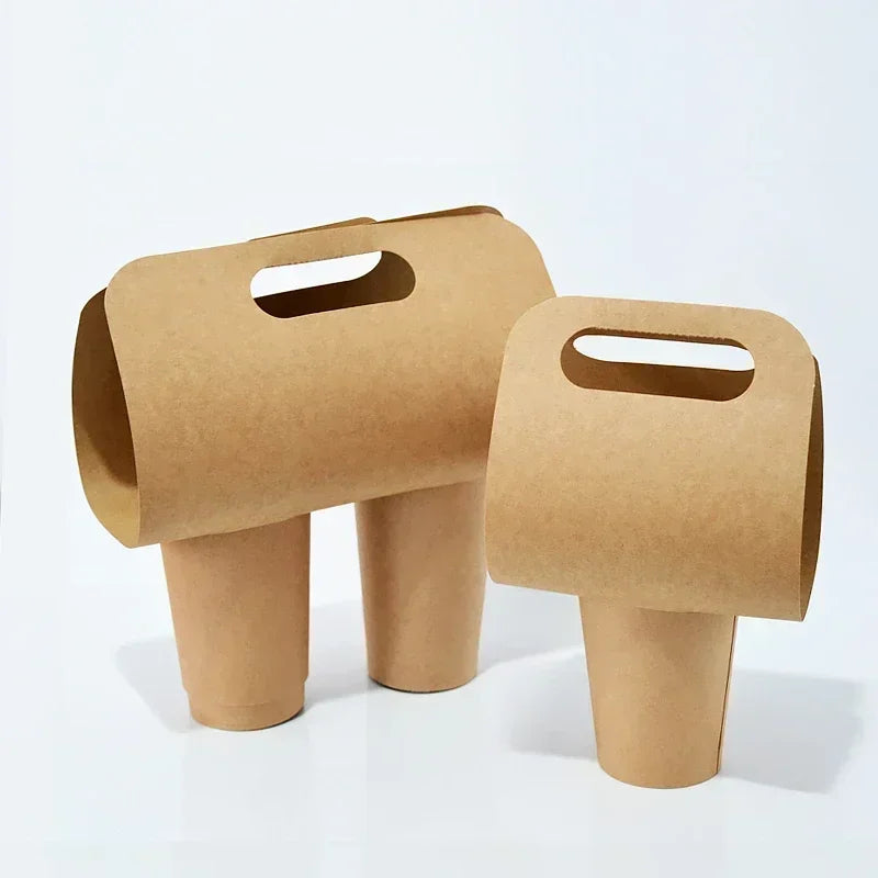 50pcs Disposable Milk Tea Handheld Cup Holder Thick Kraft Paper Takeaway Portable Package Creative Coffee Paper Cup Handle