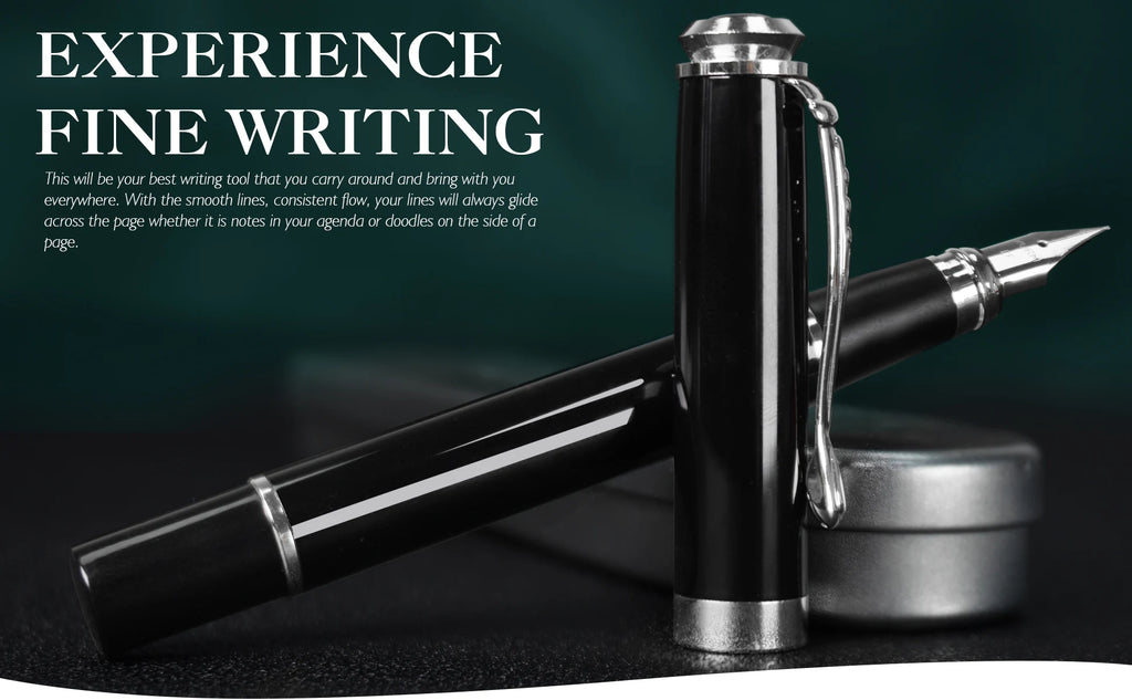 STONEGO 0.38mm Extra Fine Nib Fountain Pen, Black Metal Calligraphy Writing Gift Pen