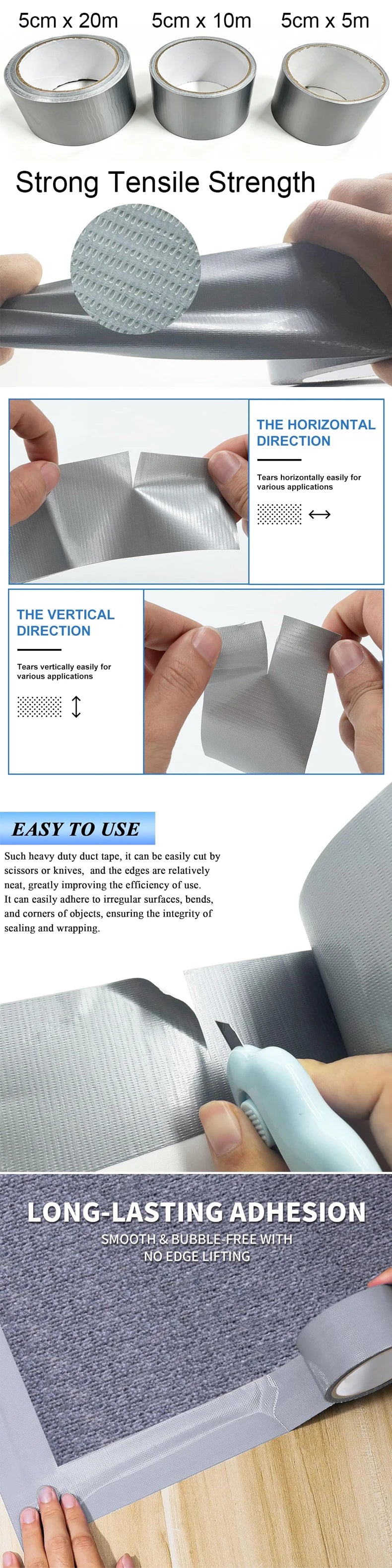 5/10/20M Duct Tape Heavy Duty Waterproof Strong Adhesive Silver No Residue Adhesive For Home Repair Use Carpet Binding Bundles