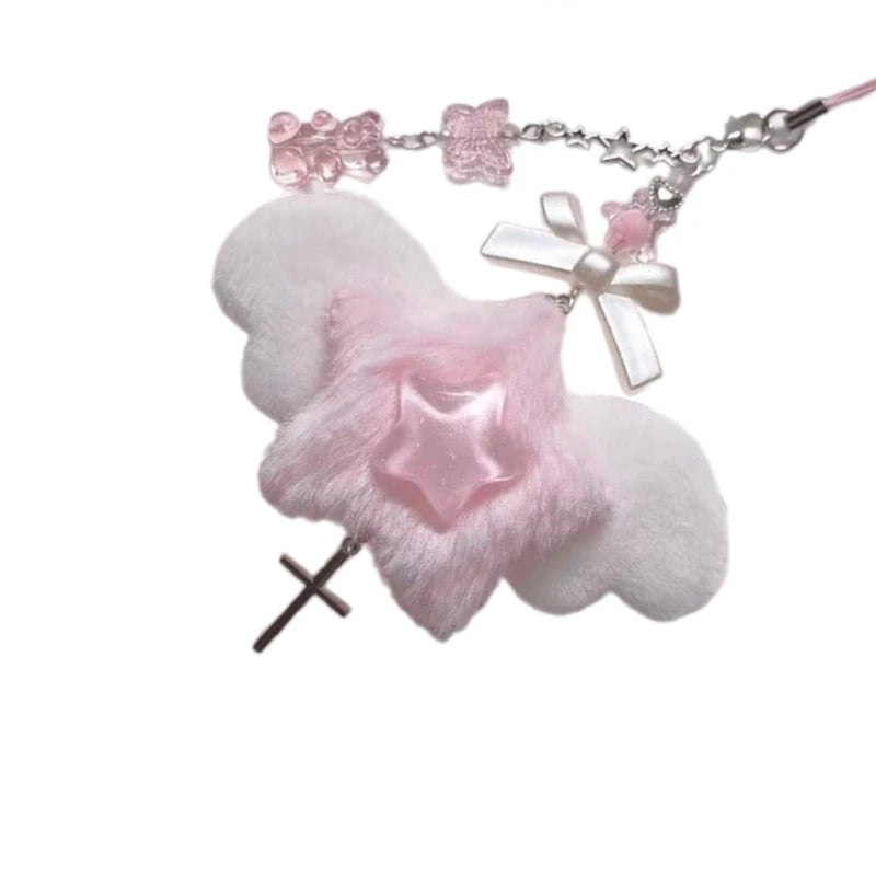 Sweet Bowknot Pendant Phone Chain Rope Wing Keychain Handmade Cellphone Strap Lanyard Acrylic Keyring Bag Ornament