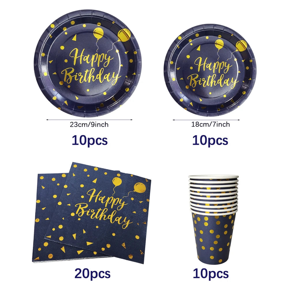Dark Blue Gold Birthday Disposable Tableware Paper Plates Cups Napkin Tablecloth Adult Elegant Birthday Party Decoration Wedding
