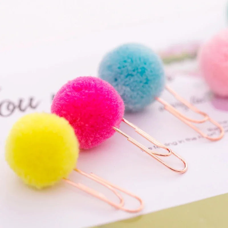 12Pcs/lot Kawaii Small Fresh Colored Hair Ball Paper Clip Decorative Candy Color Creative Bookmark Paper Clip