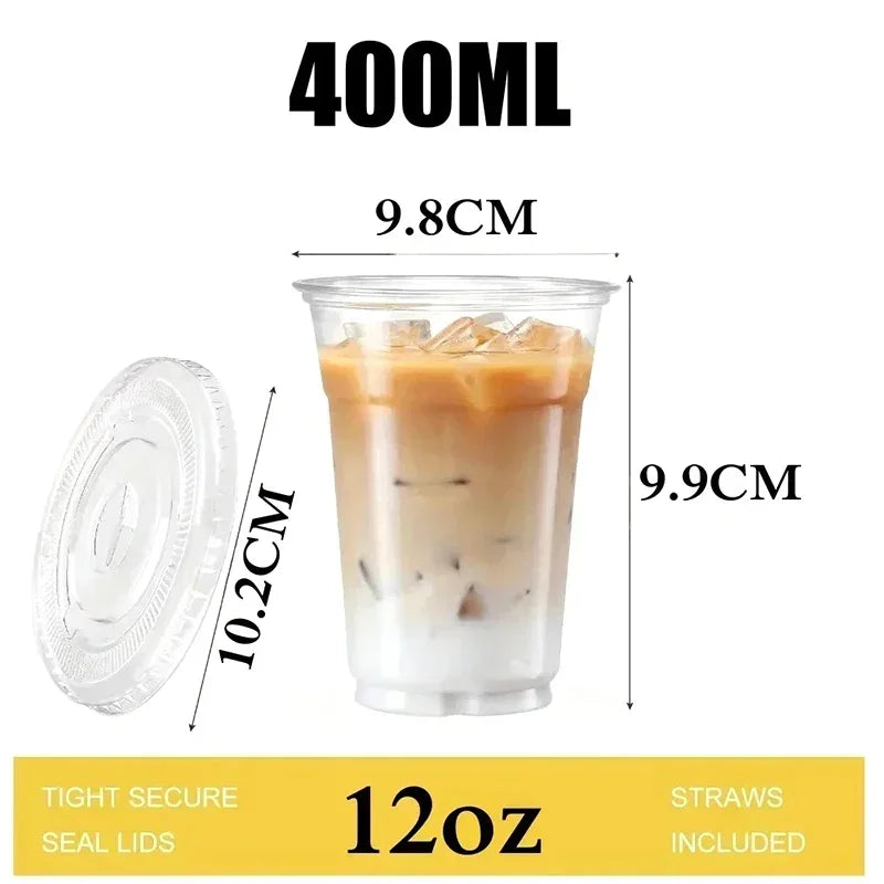 Clear Plastic Beverage Cup with Lids Disposable Cold Drink Containers for Milk Tea Juice Iced Coffee Ice Cream Dessert Party Use