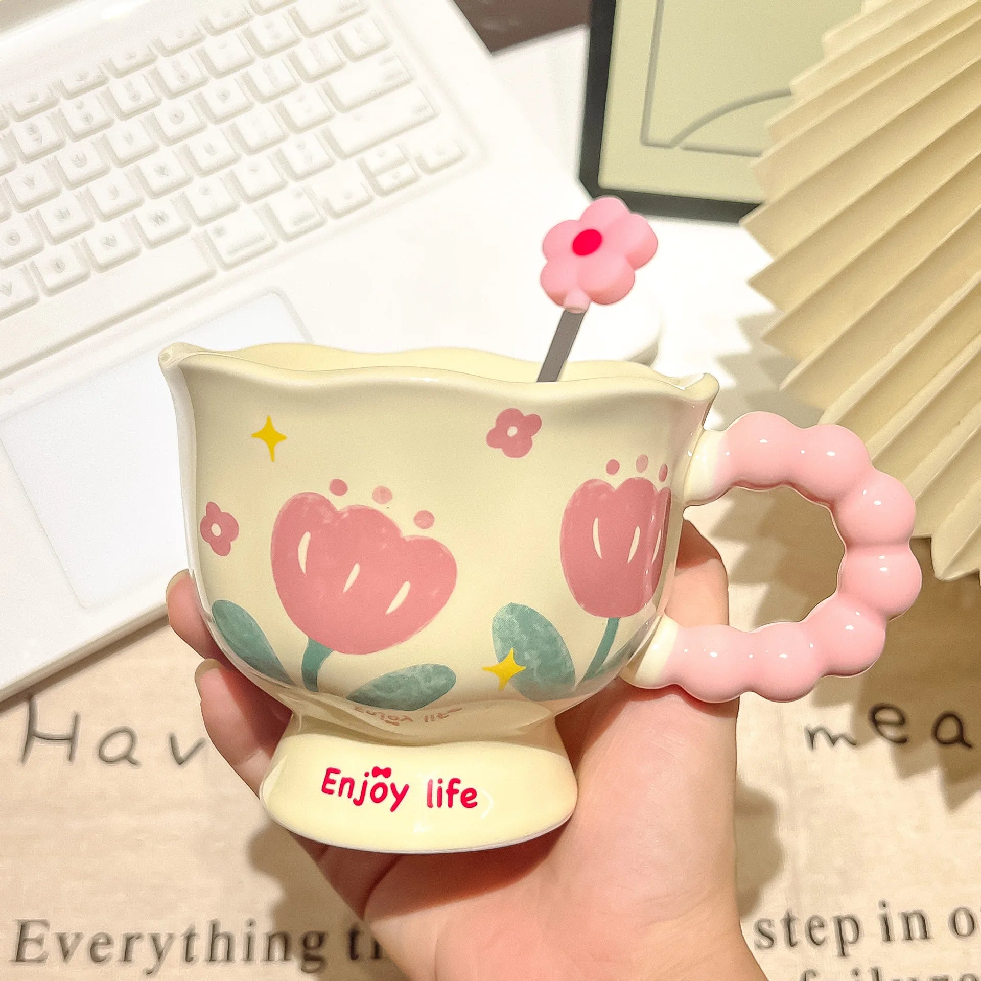Girls Birthday Gift Souvenir Coffee Cup Mugs Coffee Cups Creative Flower Mug Household Ceramic Cup High Value Water Cup
