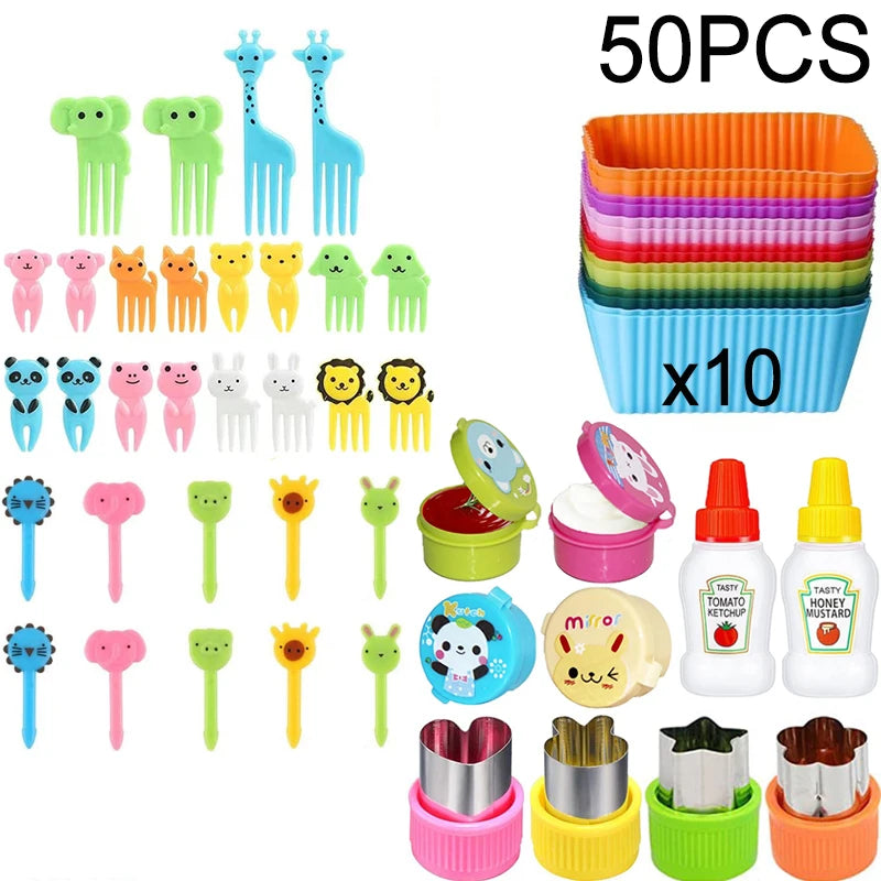 Mini Fruit Forks For Children Kids Cute Animal Food Picks Snack Toothpicks With Vegetable Cutter Set Silicone Lunch Box Dividers