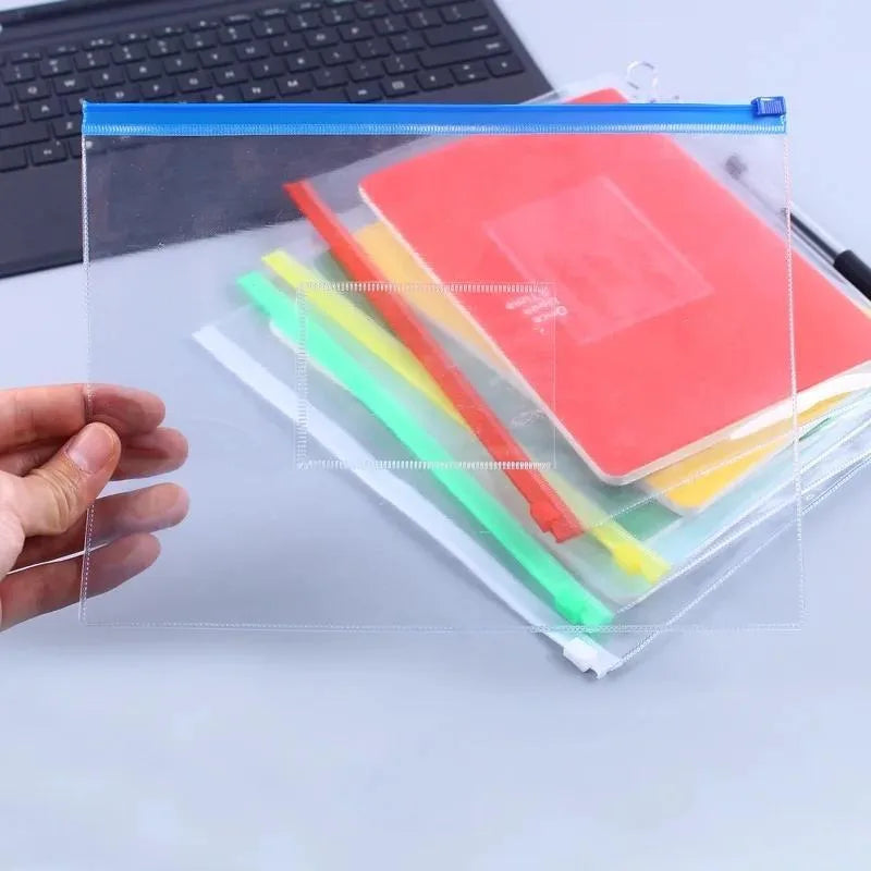 6PCS PVC Transparent Waterproof Zipper File Bags, A4/A5/A6 Envelope Document Pouches, Random Color Archive Organizer for Office