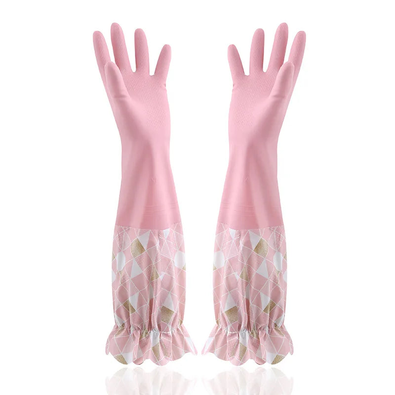 Waterproof Rubber Latex Velvet Gloves, Durable, Cleaning, Washing Clothes, Household, Kitchen, Winter