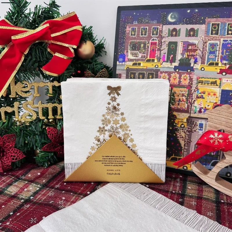 16pcs 33 * 33cm 2Layer Hot Selling Hot Stamped White Christmas Tree Napkins Christmas Disposable Table Mat DIY Decoupage Paper