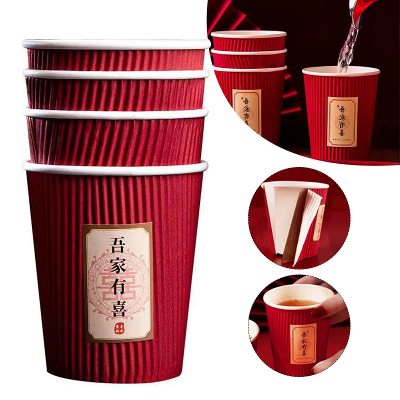 40/60 Pcs Chinese Style Wedding Red Cup Disposable Thicken Chinese Red Wedding Banquet Paper Cup Party Decor Supplies