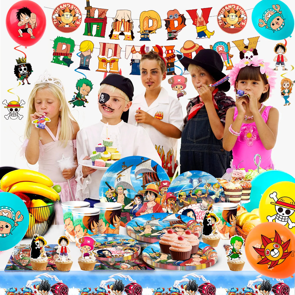 117 Pcs One Piece Party Supplies-One Piece Party Banner Balloons Cake Topper Plates Etc One Piece Birthday Party Decorations